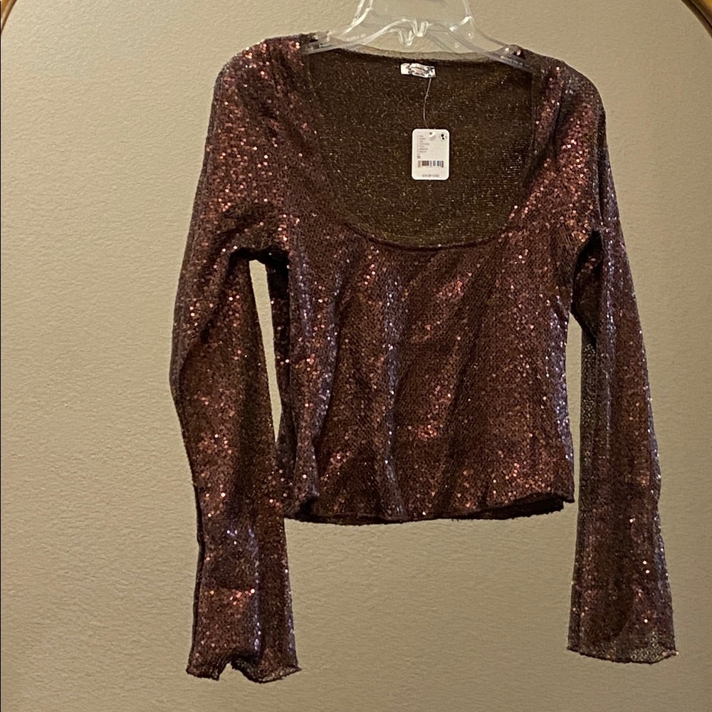 Intimately Free People Shimmering Sequin Brown Long Sleeve Top Size M